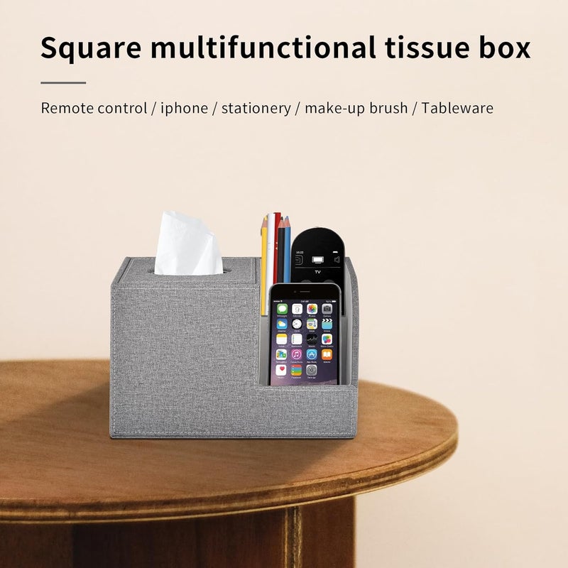 XNONE Square Tissue Box Cover Organizer,PU Leather Cube Tissue Box Holder with 2-Compartment Storage Box,Tissue and Remote Control Holder,Decorative Tissue Box Bedroom NightStand Office Tabletop,Grey - Image 4